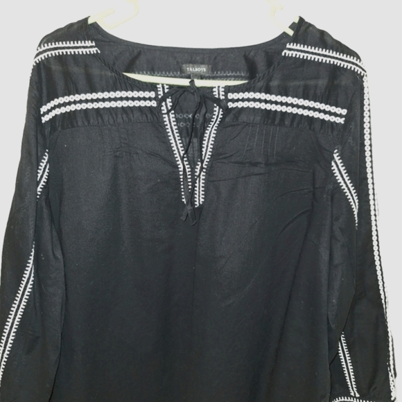 Talbots Tunic Black peasant top with white embroidery sleeve detail Size XL - Picture 2 of 5